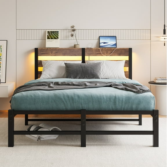 SYNGAR Full Bed Frame with LED Light and USB, Modern Platform Bed Base with Headboard, No Box Spring Needed, Easy Assembly, Brown
