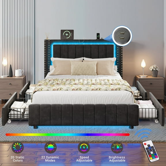 Full Bed Frame with Headboard and LED Lights, SYNGAR Platform Bed Frame with Storage Drawers and USB Port, Upholstered Bed Frame with Wood Slat, Rivet Decoration, No Box Spring Needed, Black