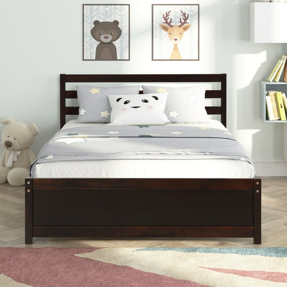 SYNGAR Full Size Platform Bed Frame with Solid Wood Headboard and Footboard, Rustic Style Mattress Foundation, Full Bed Frame for Kids Boys Girls Teens Adults, No Box Spring Needed, Espresso