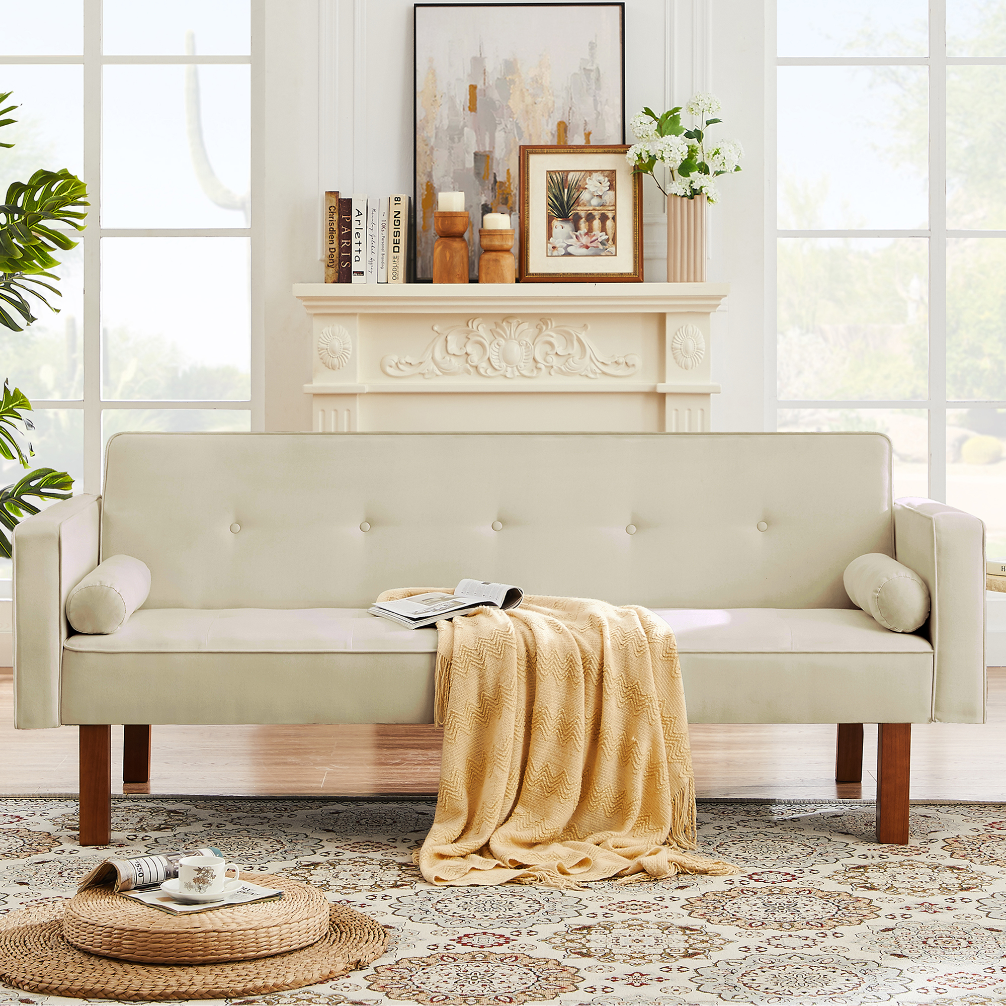 SYNGAR Futon Sofa Bed, Mid Century Fabric Futon Sofa with Wood Leds