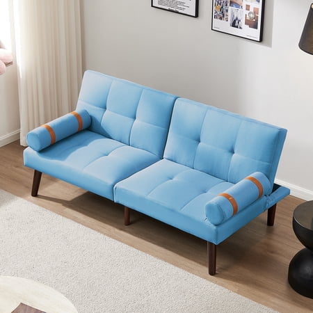 SYNGAR Futon Sofa Bed, Mid-Century Fabric Futon Sofa with Wood Legs, Convertible Daybed with 3 Adjustable Positions, Couches and Sofas, Modern Stylish Sleeper Sofa for Living Room, Blue