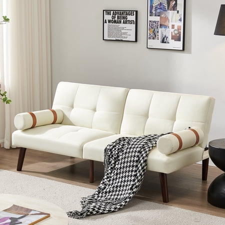 SYNGAR Futon Sofa Bed, Mid-Century Fabric Futon Sofa with Wood Legs, Convertible Daybed with 3 Adjustable Positions, Couches and Sofas, Modern Stylish Sleeper Sofa for Living Room, Lvory