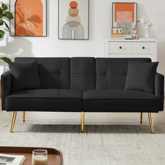SYNGAR Futon Sofa Bed, Mid Century Velvet Futon Sofa with Gold Metal Legs, Convertible Daybed with 3 Adjustable Positions, Couches and Sofas, Modern Stylish Sleeper Sofa Bed for Living Room, Black
