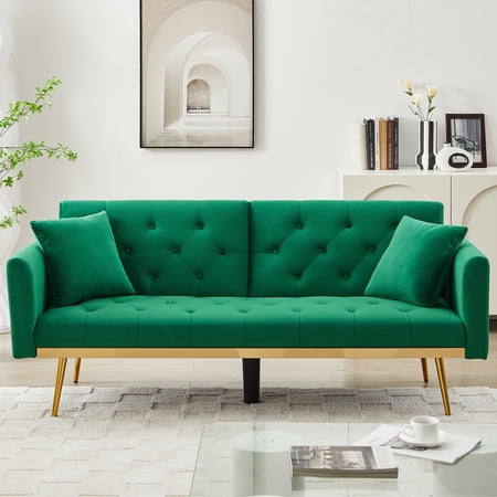 SYNGAR Futon Sofa Bed, Mid Century Velvet Futon Sofa with Gold Metal Legs, Convertible Reclining Sofa with 3 Adjustable Positions, Couches and Sofas, Modern Sleeper Sofa Bed for Living Room, Green