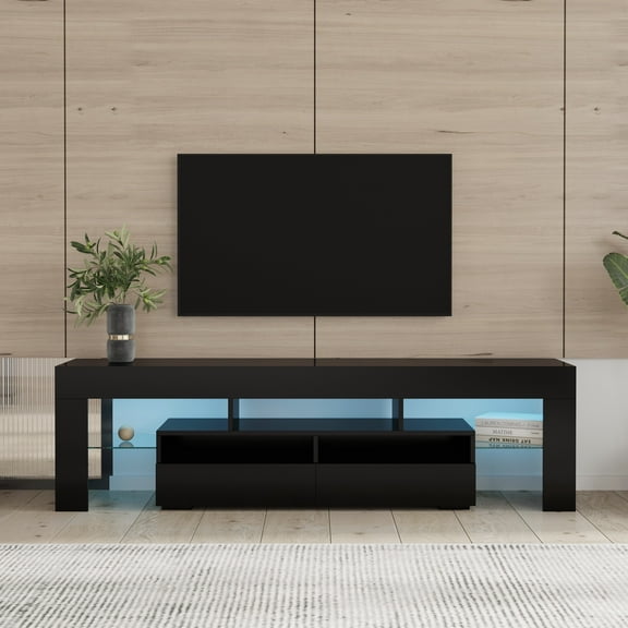 SYNGAR Glossy LED TV Stand, Black TV Stand with RGB LED Lights and Storage Drawers, Wood Media Entertainment Console Table for 65 Inch TVs, Home Flat Screen TV Cabinet for Living Room, Bedroom, D6437