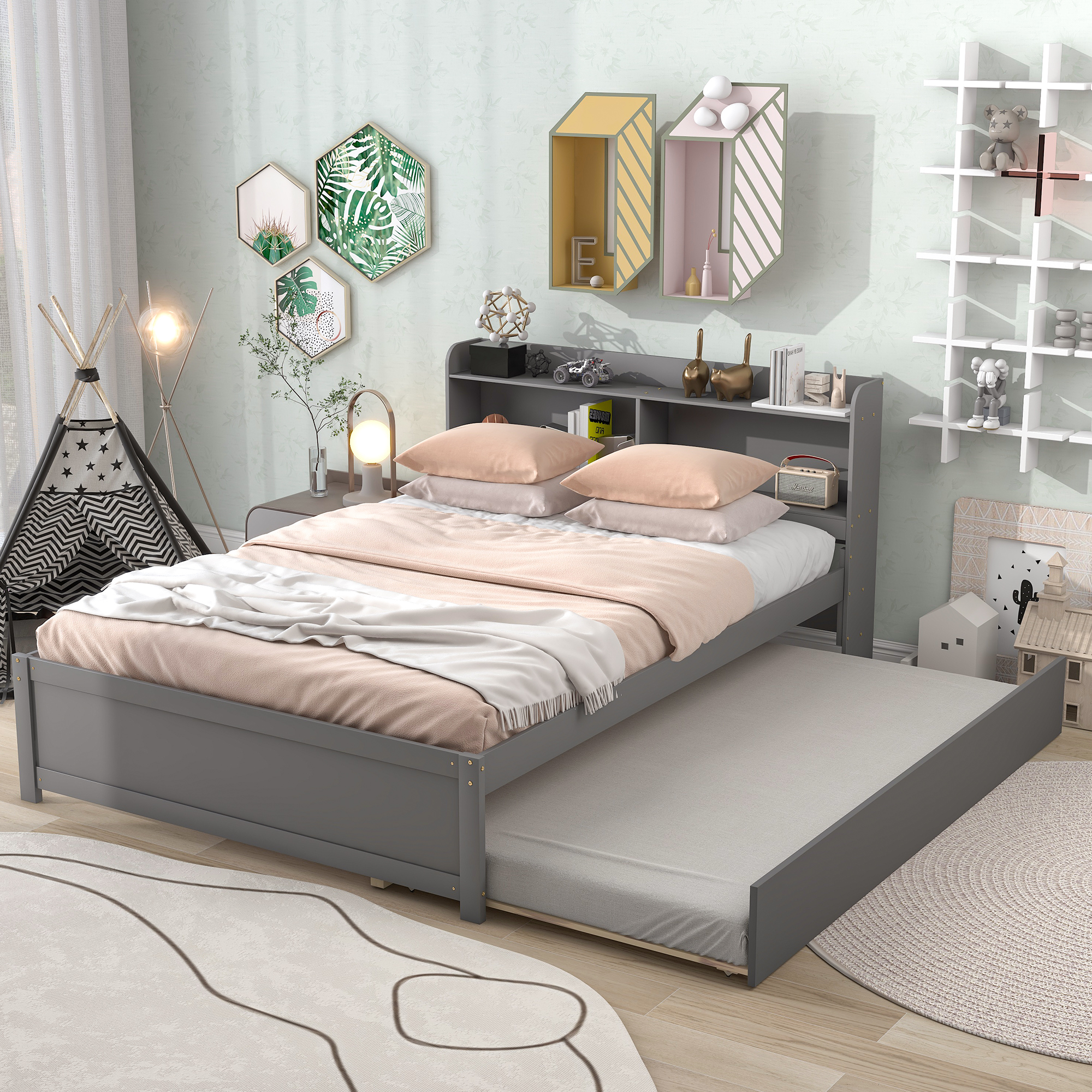 SYNGAR Gray Full Bed Frame with Trundle and Storage Bookcase, Kids Platform Full Size Bed with Pull Out Trundle, Solid Wood Trundle Bed with Headboard and Footboard, No Box Spring Needed - image 1 of 12