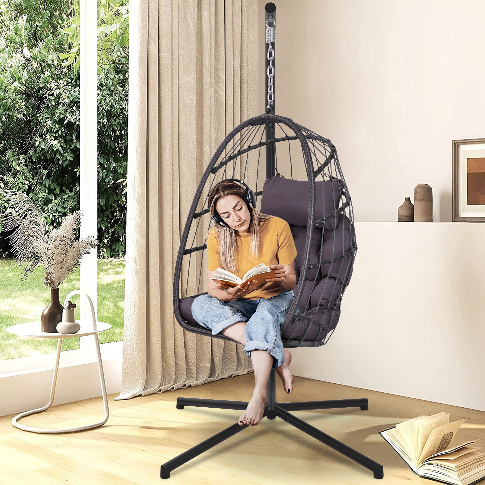 SYNGAR Hanging Egg Chair with Stand for Indoor/Outdoor, Patio Wicker Swing Chair with Seat