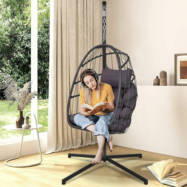 SYNGAR Hanging Egg Chair with Stand for Indoor/Outdoor, Patio Wicker