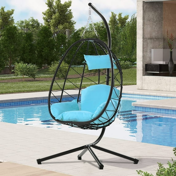 SYNGAR Hanging Egg Chair, Swing Chair with Steel Hammock Stand Set, Hammock Chair with Soft Seat Cushion, Multifunctional Hanging Chairs for Outdoor Indoor Bedroom, Light Blue