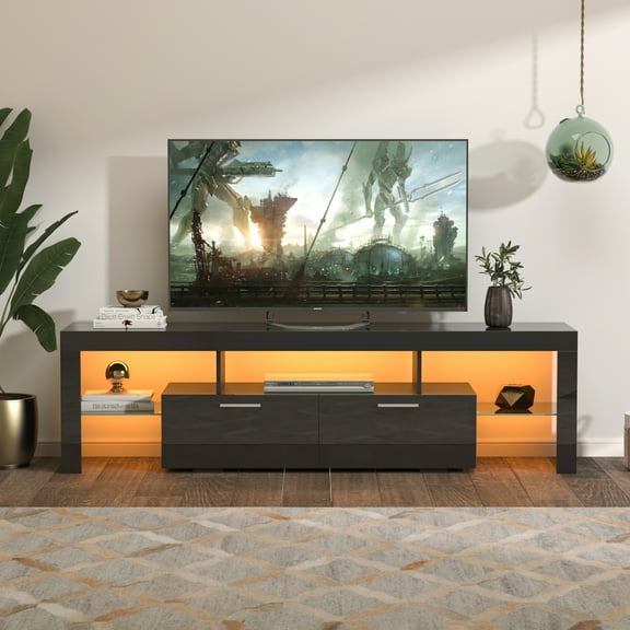 SYNGAR Home LED TV Stand, Modern Glossy TV Cabinet with Storage Drawers, Flat Screen TV Stand for 65 inch TVs, Media Console Table W/ RGB LED Lights, Entertainment Centre for Living Room, Black, D6439