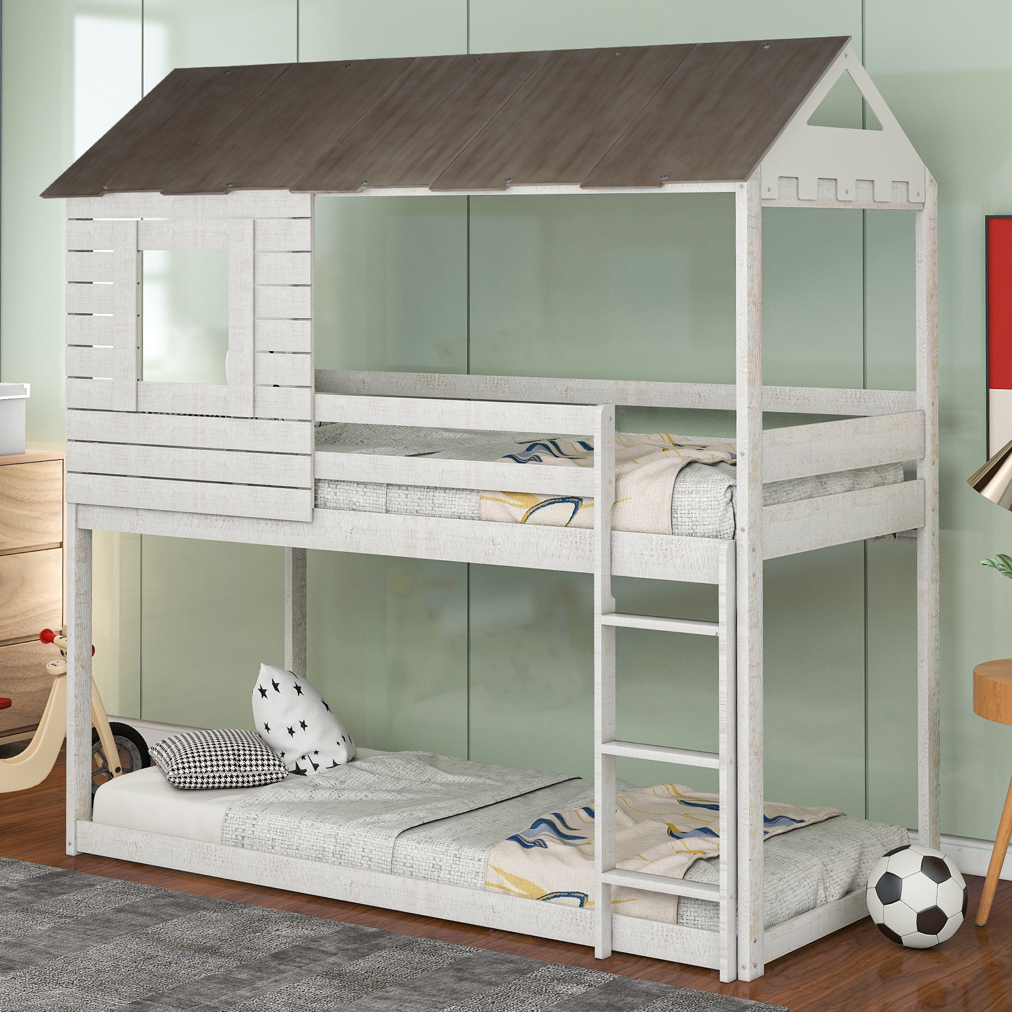 SYNGAR House Bunk Beds, Wood Twin over Twin Bunk Beds with Roof, Window