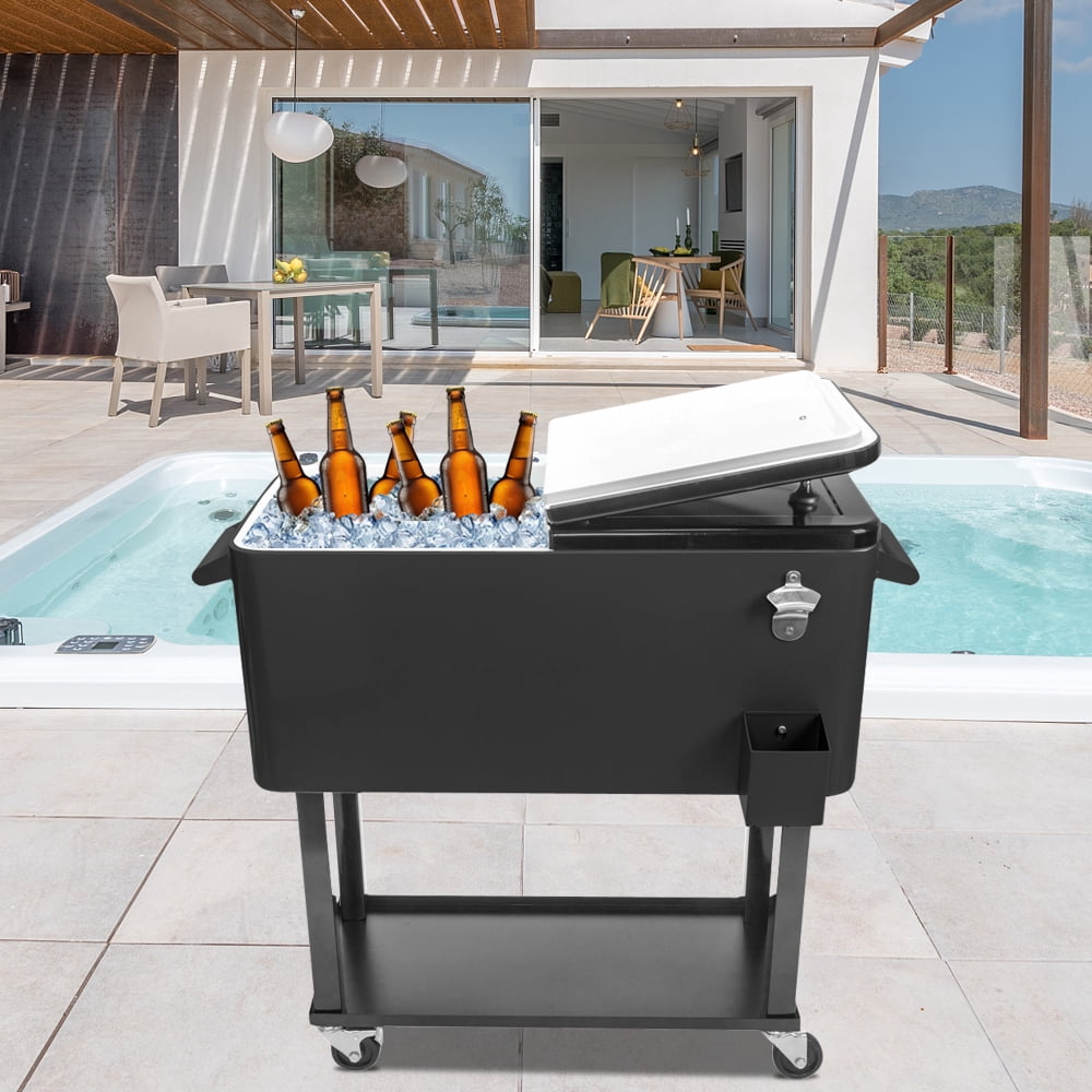 SYNGAR Ice Chest on Wheels with Shelf, 80 Quart Rolling Cart with Bottle Opener and Drain Plug, Portable Bar Drink Cooler, Outdoor Beverage Incubator for Patio Poolside Camping Party, Black, D6044