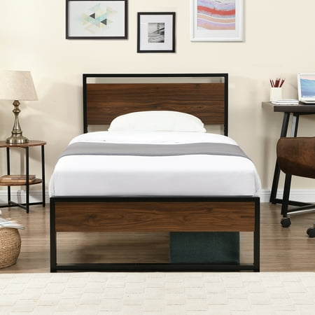 SYNGAR Industrial Platform Bed Frame Twin Size With Wooden Headboard and Footboard, Metal Legs Support, No Box Spring Needed, Heavy Duty Steel Twin Bed Frame with 800LBS Weight Capacity, Black