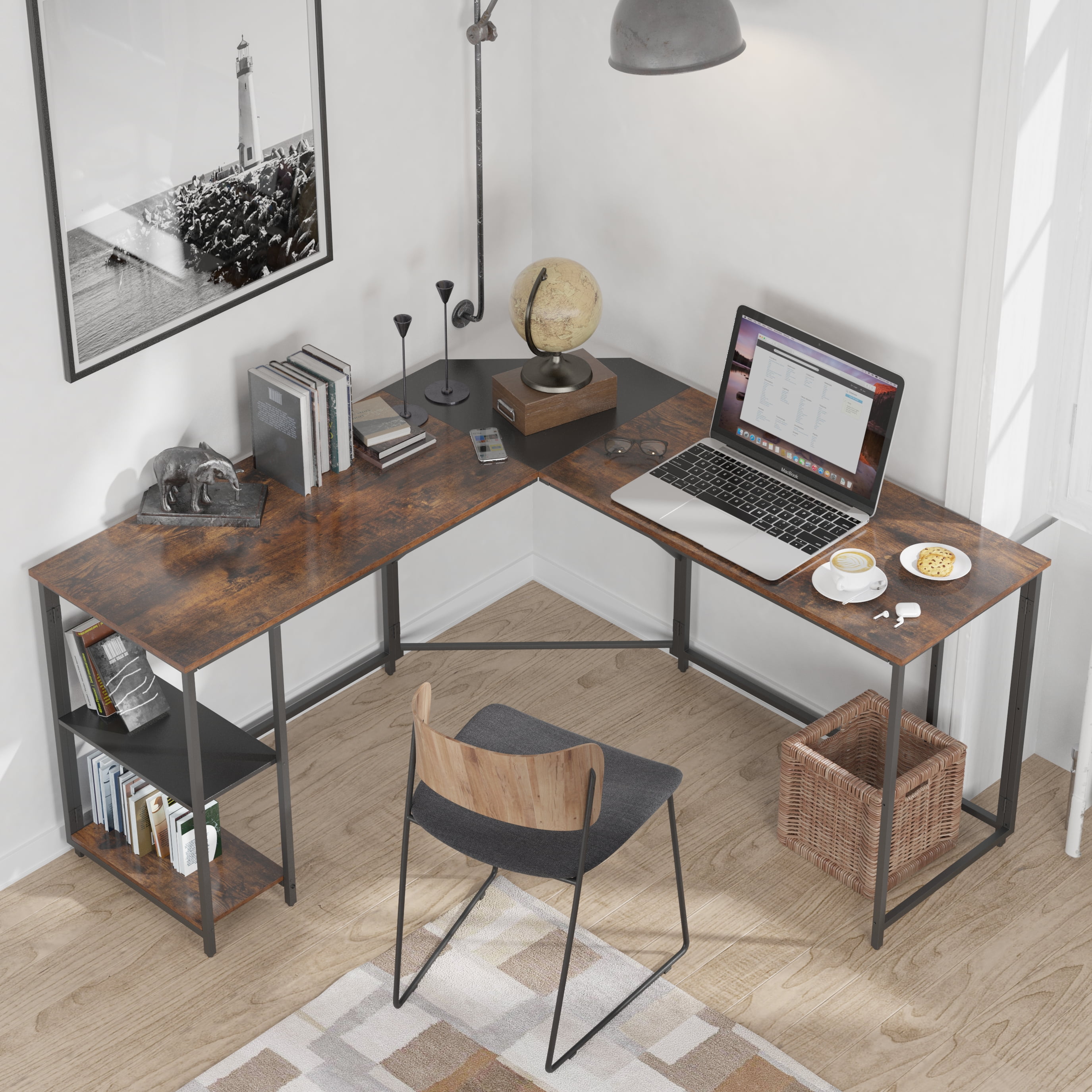 SYNGAR L shaped Desk Rustic Brown Corner Computer Desk for Small