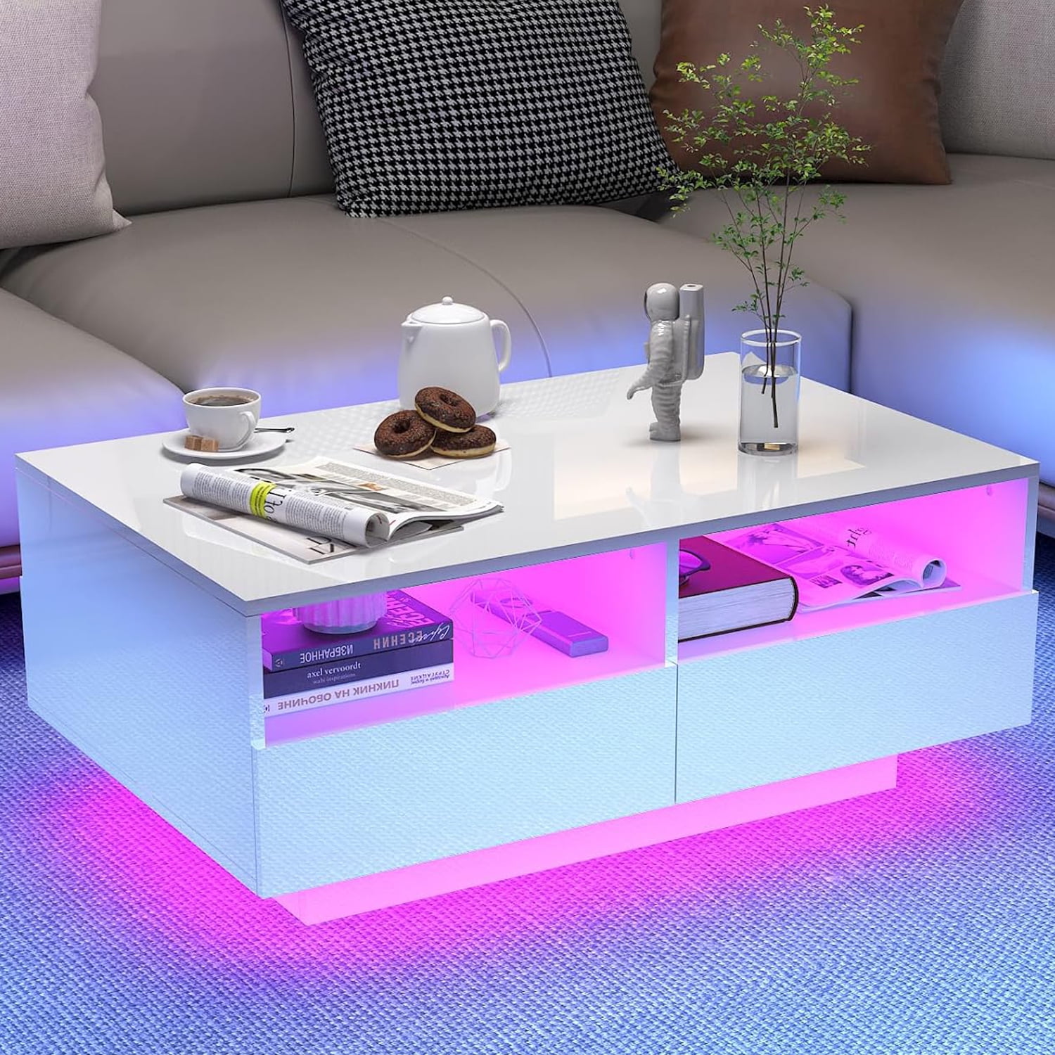 SYNGAR LED Coffee Table with 4 Storage Sliding Drawers and Open Shelves