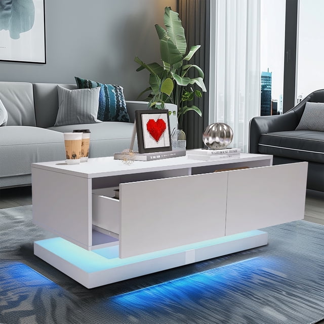 SYNGAR LED Coffee Table with Storage, Modern High Glossy White ...