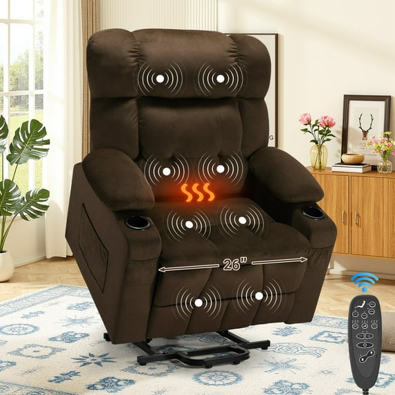 SYNGAR Large Power Lift Recliner Chair with Massage and Heat, Oversized Electric Lift Chair for Elderly Big and Tall People, Wide Seat Recliner with Cup Holders and Side Pocket for Living Room, Brown