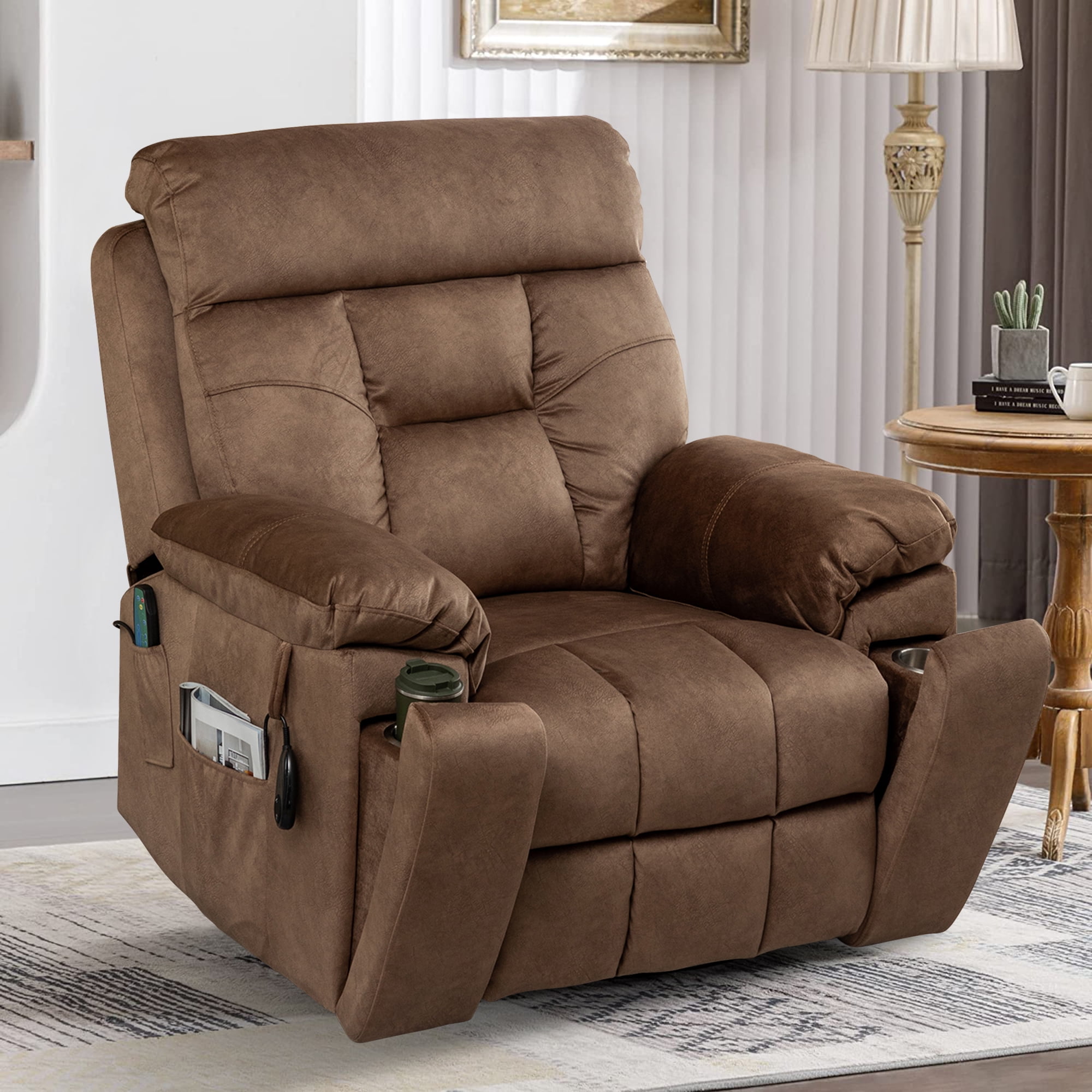 Oversized Brown Velvet Power Lift Recliner with Massage and Heat