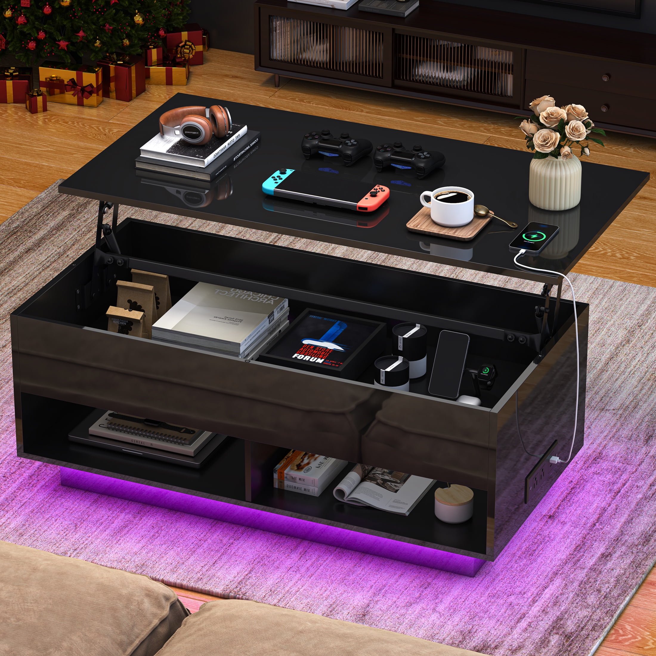 Modern Coffee Table With LED Lights & Lifting Top For Living Room Cocktail Table