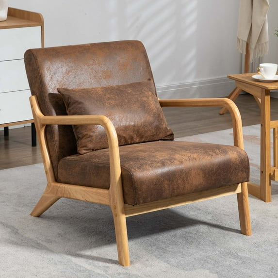 SYNGAR Mid-Century Accent Chair, Modern Wood Armchair with Waist Cushion for Bedroom, Reception Room and Living Room, Reading Armchair for Sunroom, 22.8" Spacious Seat, Brown