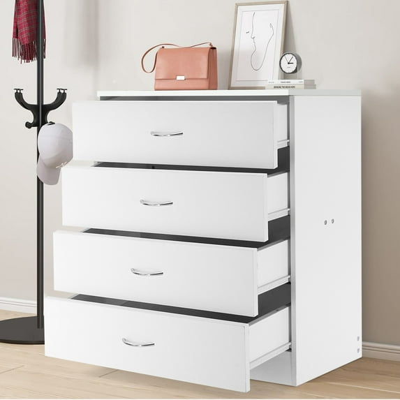 SYNGAR Modern 4-Drawer Dresser Storage Cabinet, Wood Dresser with Easy-Pull Handles, Bedside Table Organizer Unit for Bedroom, Living Room, Hallway, Entryway, Closets, White