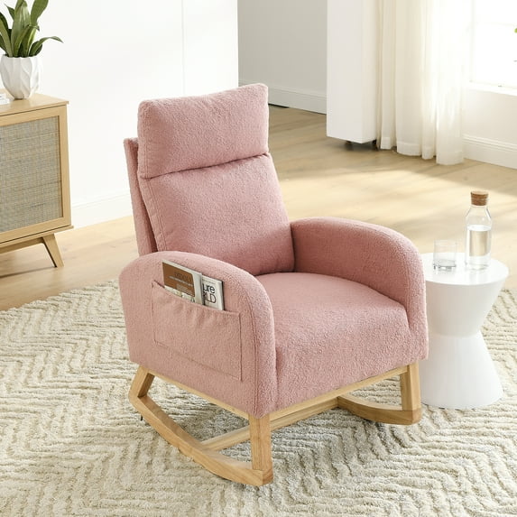 SYNGAR Modern Accent Rocking Chair, Upholstered Nursery Glider Rocker for Baby and Kids, Comfy Armchair with Side Pockets, Living Room Lounge Arm Chair, High Backrest with Wood Curved Base, Pink