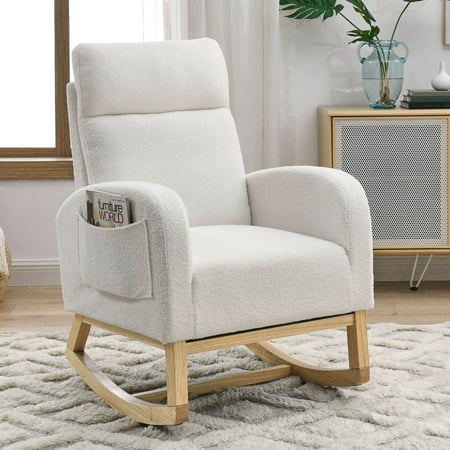 SYNGAR Modern Accent Rocking Chair, Upholstered Nursery Glider Rocker for Baby and Kids, Comfy Armchair with Side Pockets, Living Room Lounge Arm Chair, High Backrest with Wood Curved Base, White
