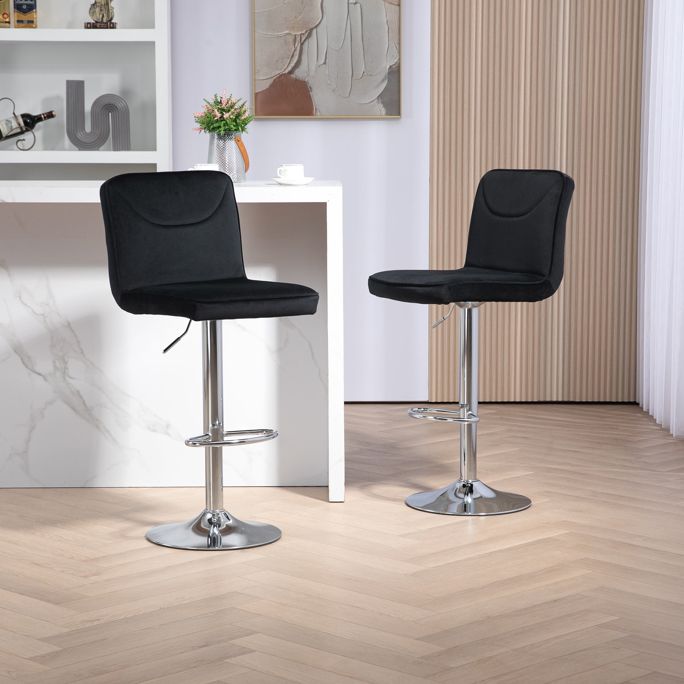 Set Of 2 Velvet Swivel Bar Stools - Adjustable Height 24 To 32 Inch, Tufted Back, Mid-Century Modern For Kitchen Island, Bar