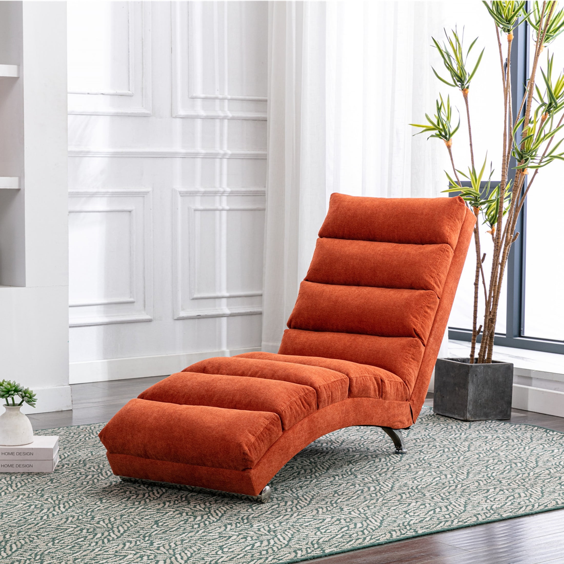 Syngar Modern Linen Chaise Lounge Chair, Orange, Ergonomic