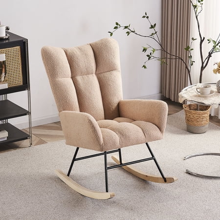 SYNGAR Modern Rocking Chair, Nursery Chair Teddy Fabric Upholstered Glider Rocker Comfy Accent Chair with High Backrest and Wood Curved Base for Living Room, Bedroom, Office, Cream