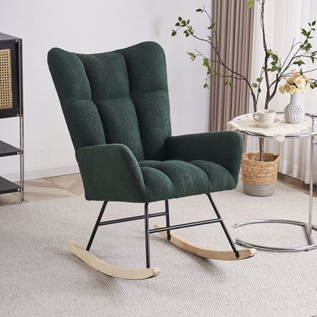 SYNGAR Modern Rocking Chair, Nursery Chair Teddy Fabric Upholstered Glider Rocker Comfy Accent Chair with High Backrest and Wood Curved Base for Living Room, Bedroom, Office, Green