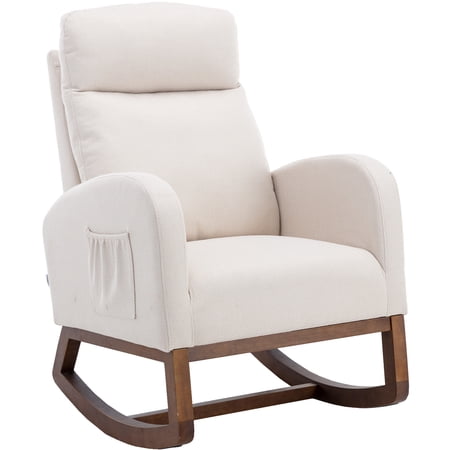 SYNGAR Modern Rocking Chair, Upholstered Fabric Accent Rocker Chair Solid Wood Curved Base High Back Nursery Armchair Single Sofa Chair with Side Pocket for Living Room, Bedroom, Office, Beige