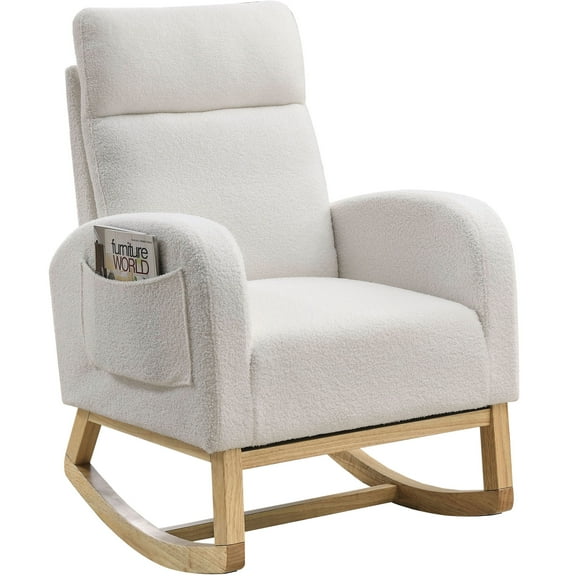 SYNGAR Modern Rocking Chair, Upholstered Velvet Accent Rocker Chair Solid Wood Curved Base High Back Nursery Armchair Single Sofa Chair with 2 Side Pocket for Living Room, Bedroom, Office, White