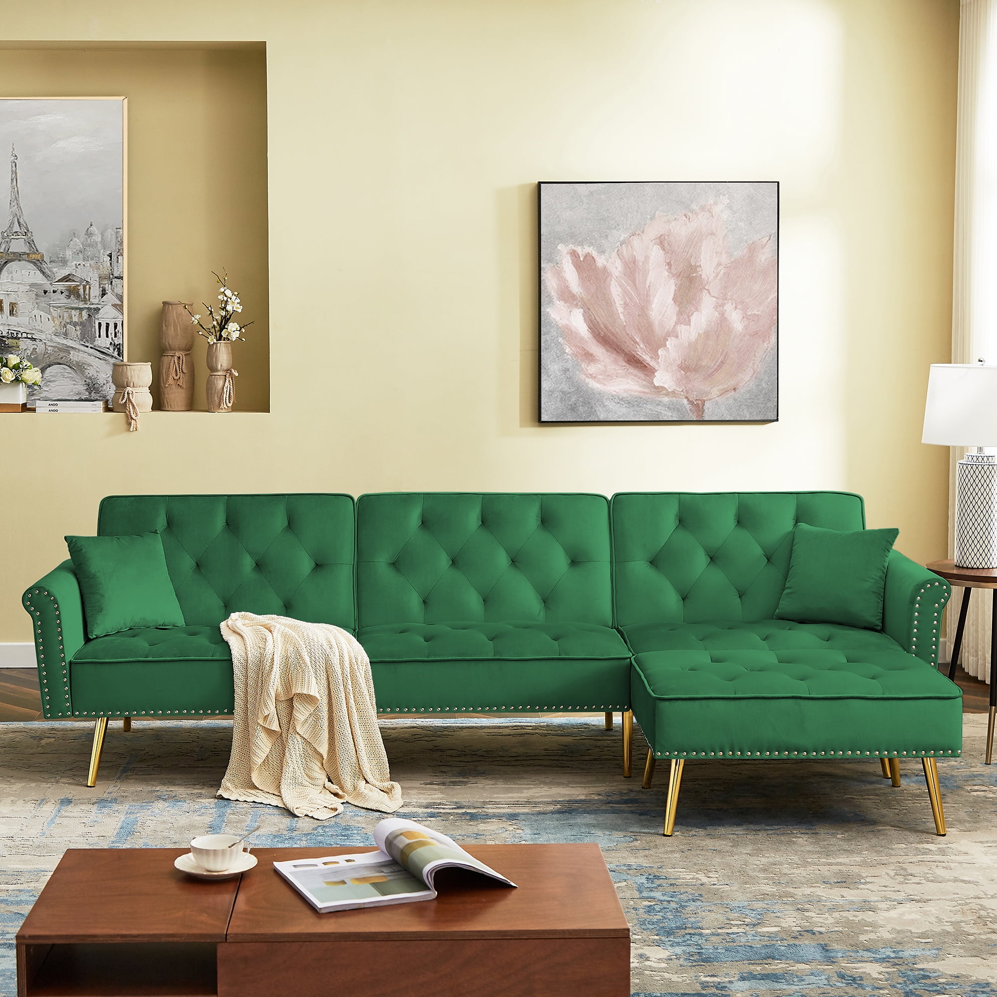 SYNGAR Modern Velvet Sectional Sofa Couch with Movable Ottoman