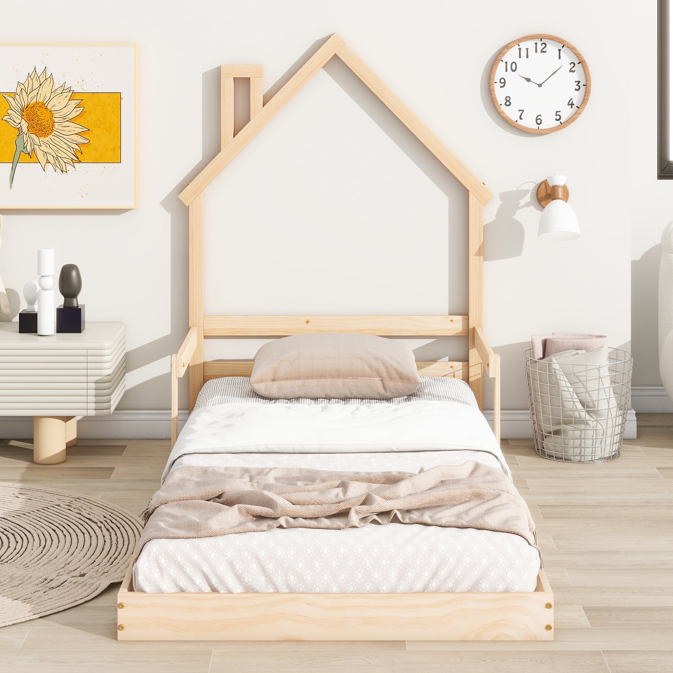 SYNGAR Twin Bed Frame with House-Shape Headboard, Easy SYNGAR Twin Bed Frame with House-Shape Headboard, Easy