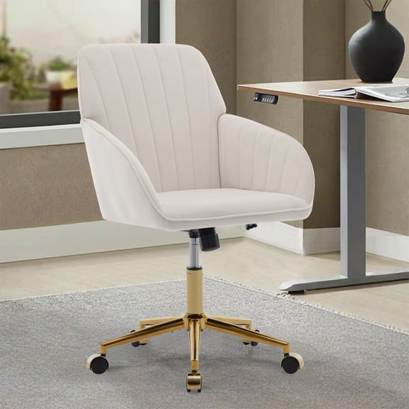 SYNGAR Office Chair with Adjustable Height, Modern Mid Back Soft Criss Cross Chair with Wheels Velvet Swivel Computer Home Task Chairs Ergonomic Executive Chair with Armrests, Beige