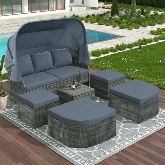 SYNGAR Outdoor Daybed with Canopy, 6 Piece PE Wicker Sectional Furniture Set with Ottomans, Rattan Conversation Sofa Set, Patio Sunbed with Cushions, for Backyard, Pool, Garden, Gray, D6940