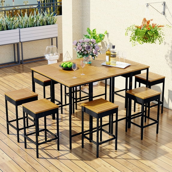 SYNGAR Outdoor Dining Set, Wooden Patio Furniture Set 10 PCS with Foldable Acacia Wood Tabletop and Chairs, Patio Set for Indoor Outdoor Garden Backyard Deck Lawn, Brown