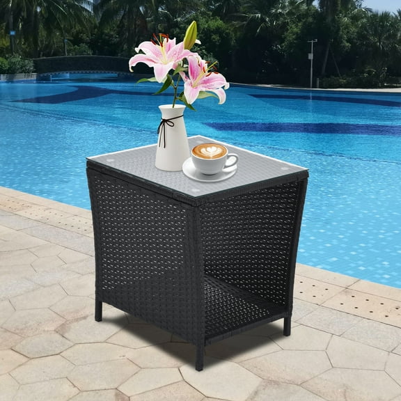 SYNGAR Outdoor Table, Patio Small Side Table with Tempered Glass Top, Black Square End Table with Storage, All Weather Wicker Table, for Beach, Poolside, Deck, Backyard, D7032