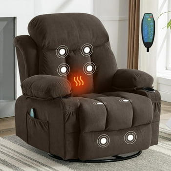 SYNGAR Oversized Recliner Chair, 360° Swivel Rocker Reclining Chair with Massage and Heat Function, USB, Cup Holders and Side Pockets, Living Room Single Sofa Seat Nursery Lounge Chair, Brown