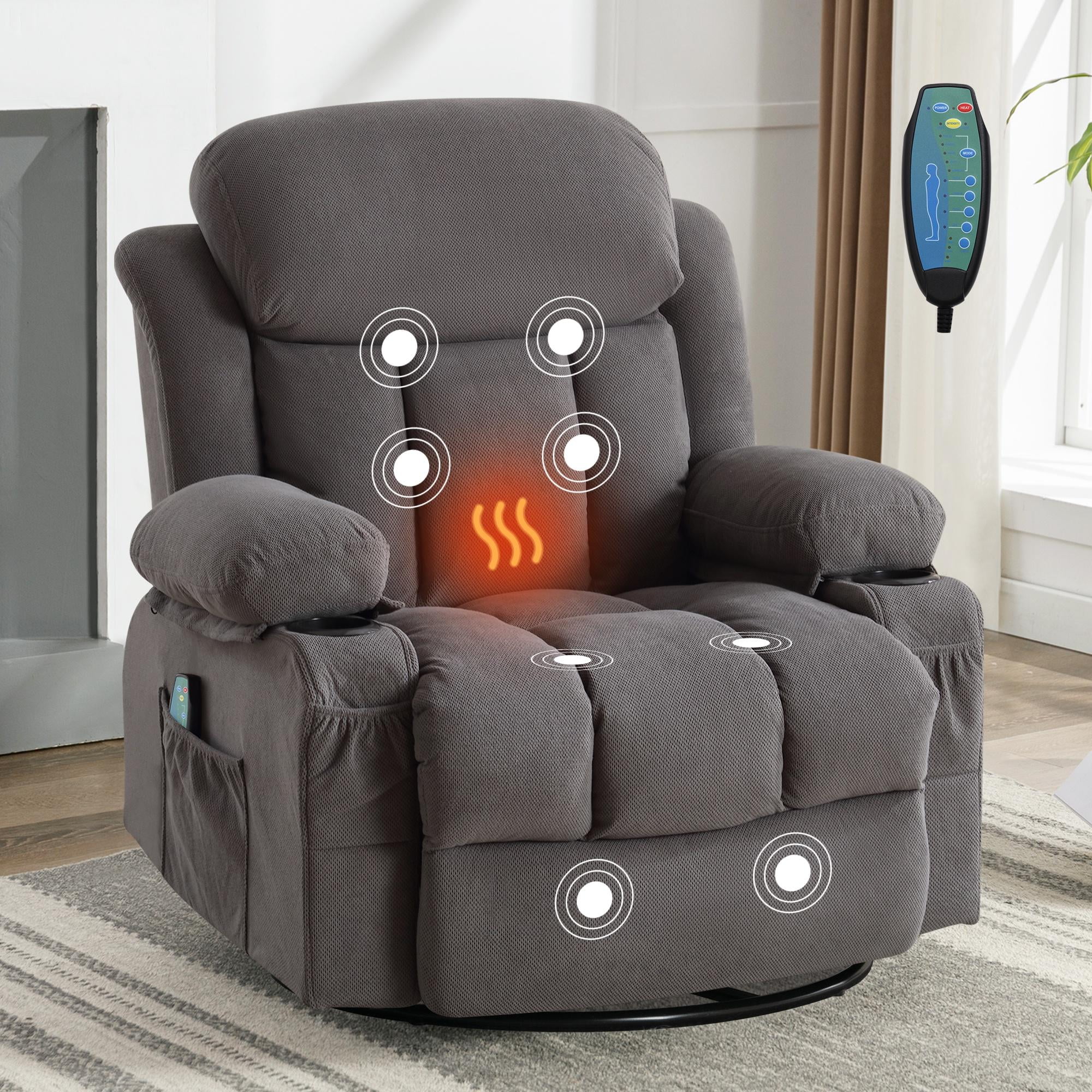24" Width Swivel Recliner Chair, HSUNNS Rocker Reclining Chair with Massage and Heat Function, USB Port, Cup Holders and Pockets, Living Room Single Sofa Nursery Lounge Chair, Light Gray
