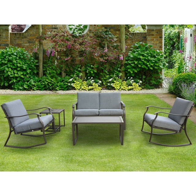SYNGAR Patio Conversation Set of 5, Metal Outdoor Furniture with 2 Rocking Chairs, Patio Coffee Table, End Table, Loveseat and 4 Chairs Cushions for Garden Backyard Lawn, Gray, LJ3132