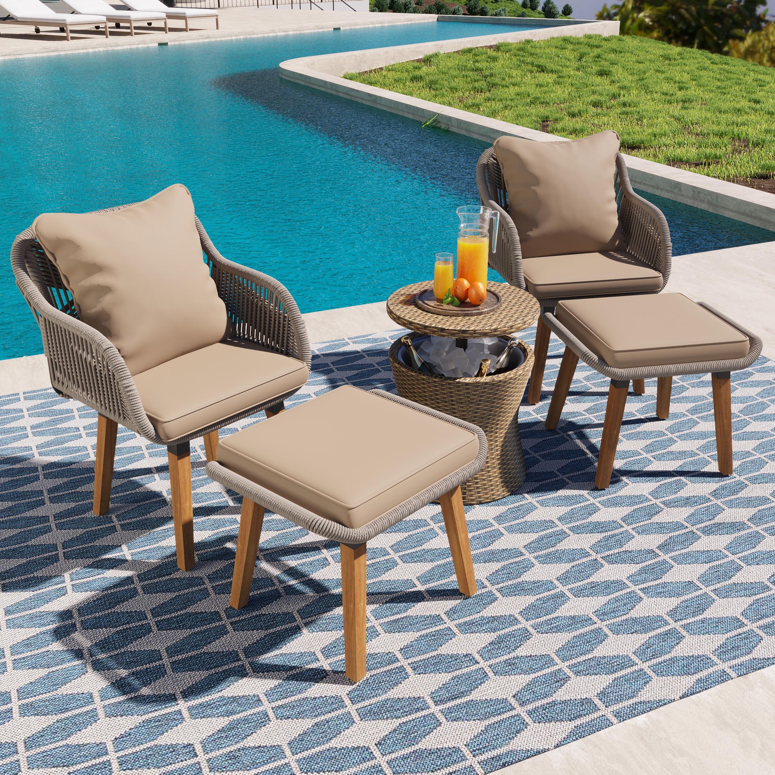 SYNGAR Patio Wicker Chairs Set, 5 PCS Patio Furniture Set with Coffee Table, Ottoman Footrest and Blue Cushions, Outside Sectional Sofa Set, Porch Balcony Lawn Pool Conversation Set, GE034 - image 1 of 11