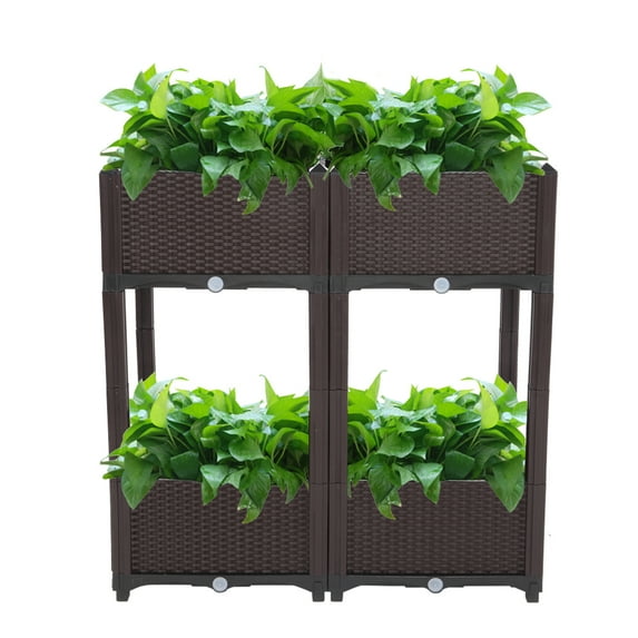 Plastic Raised Garden Bed, Planter Box Set of 4, Outdoor Herbs Flowers Growing Box with Legs and Drain Hole, Free Splicing Injection Planting Box, for Garden, Patio, Balcony, Brown, D6829