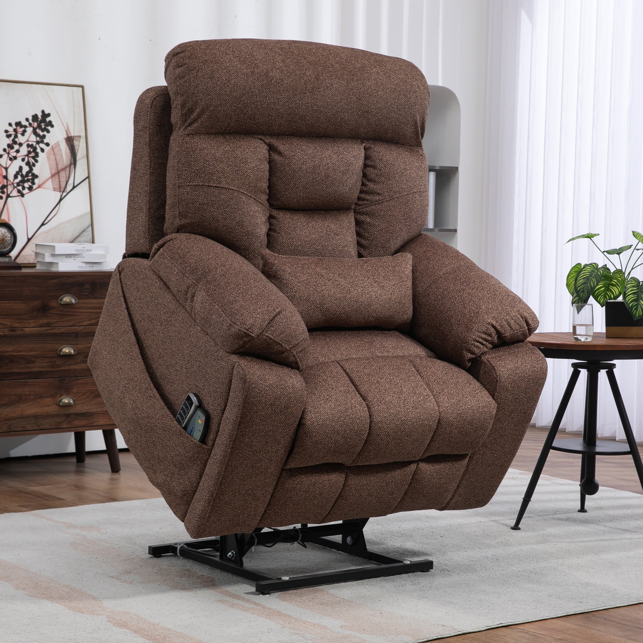 SYNGAR Power Lift Recliner Chair for the Elderly, Oversized Recliner with Massage and Heat, 2 Hidden Cup Holders, Side Pockets, 26" Width of Seat, 4 Motor, Reclining Chair, Brown
