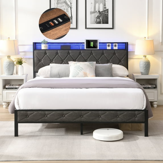 SYNGAR Queen Bed Frame with Upholstered Storage Headboard, Queen Size Platform Bed Frame with LED Light and Charing Station, Bedroom Furniture Metal Bed Frame, No Box Spring Needed, Gray
