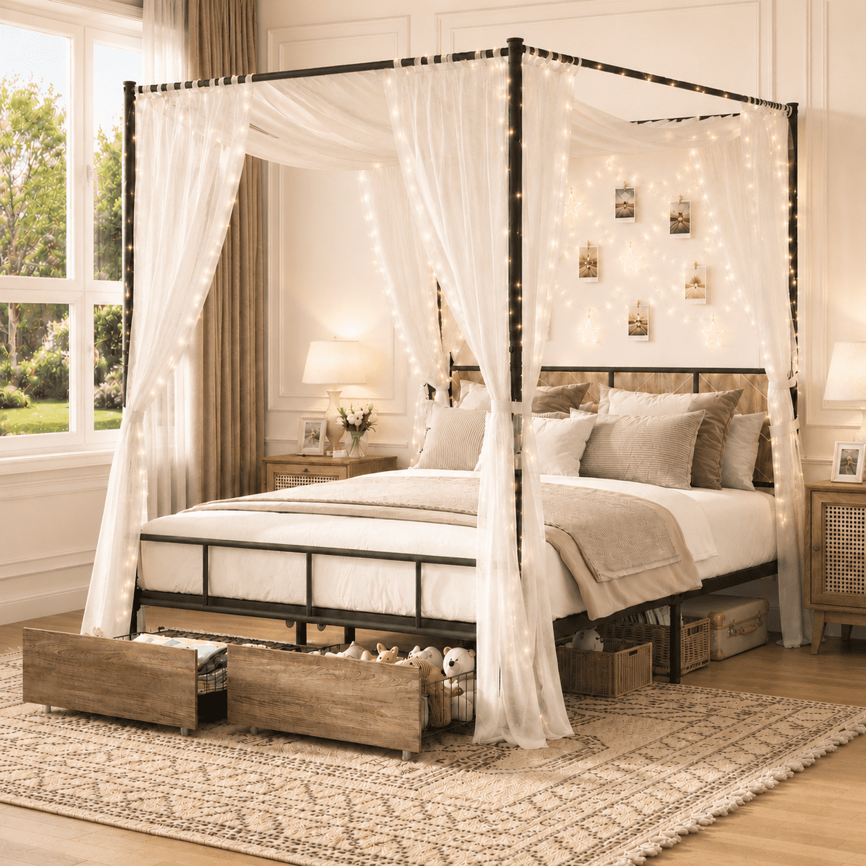 HSUNNS Queen Bed Frame, Queen Size Canopy Bed Frame with 2 Storage Drawers, Wooden Headboard and Footboard, Metal Platform Bed with Under-Bed Storage, No Box Spring Needed, Black+Brown