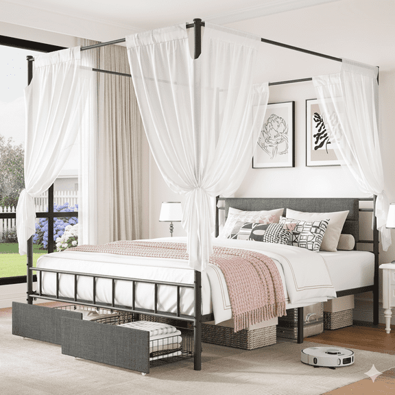 SYNGAR Queen Size Upholstered Headboard Canopy Bed Frame for Bedroom, 2 Storage Drawers Platform Bed, Canopy Bed Curtain Not Included, Black+Gray