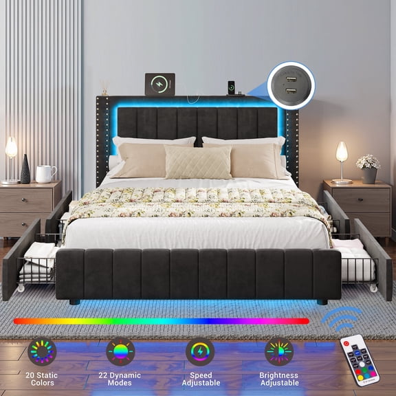 Queen Bed Frame with Headboard and LED Lights, SYNGAR Platform Bed Frame with Storage Drawers and USB Port, Upholstered Bed Frame with Wood Slat, Rivet Decoration, No Box Spring Needed, Black