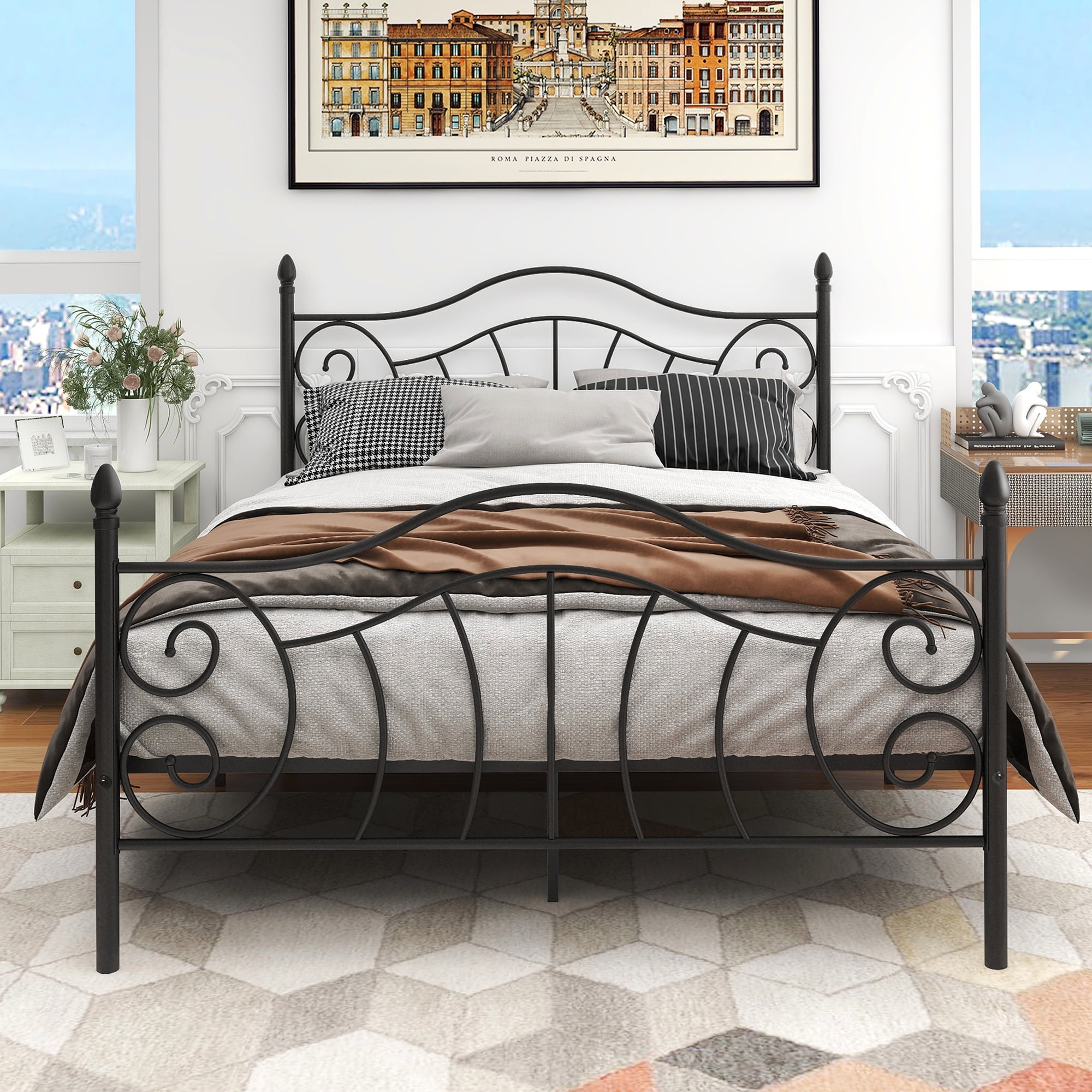 SYNGAR Queen Size Bed Frame with Vintage Headboard and Footboard, Victoria Metal Bed Frame